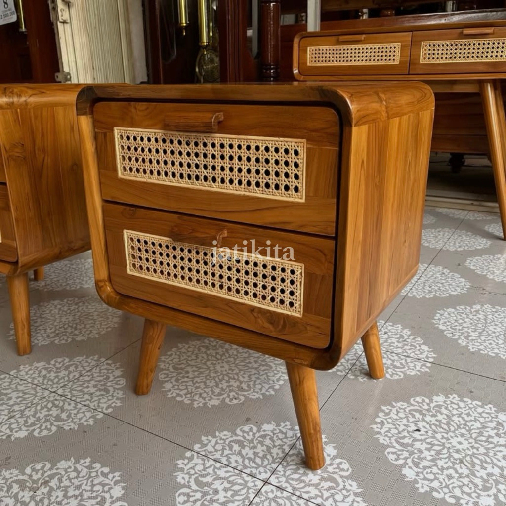 Nakas Jati Mix Rotan Laci 2 Meja Nakas Minimalis Nakas Jati Rotan