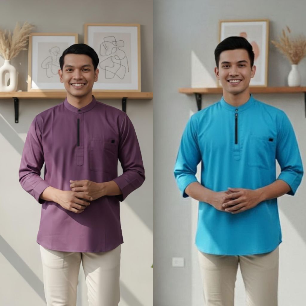 Baju Atasan Muslim Koko Kurta Pria Dewasa Warna Lavender Lengan 3/4