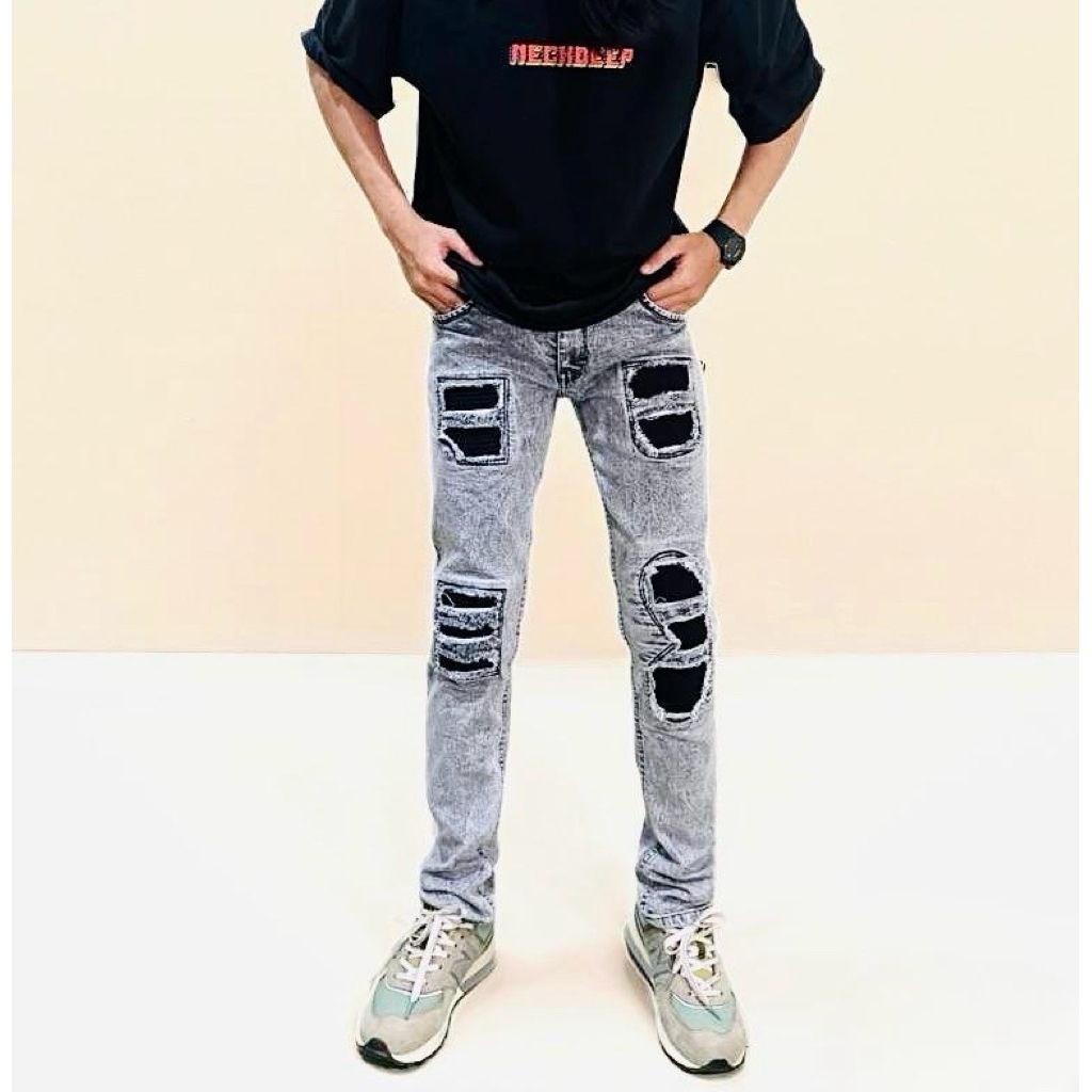 Fashion_Denim99 Celana Jeans Sobek Rucas Abu Bikers Premium Authentic Denim Sobek Tidak Tembus Doubl