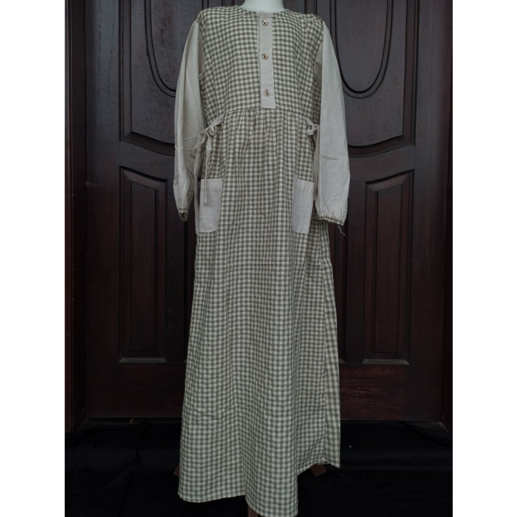 Kids Dress Vintage Gingham Korean Style | Long Dress Anak Perempuan Earth Tone Lengan Panjang