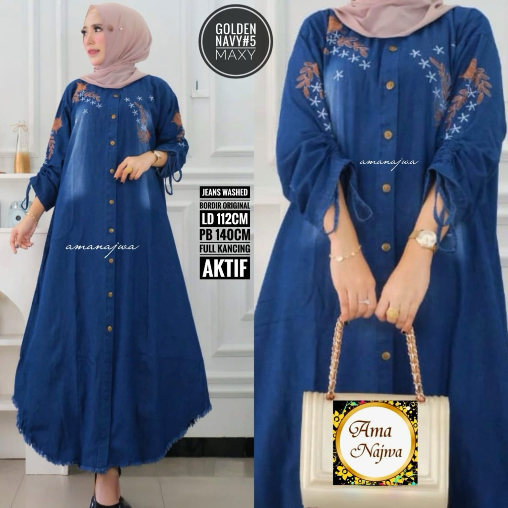 Bordir Golden long tunik Jumbo Ld 112 Jeans tebal / amanajwa