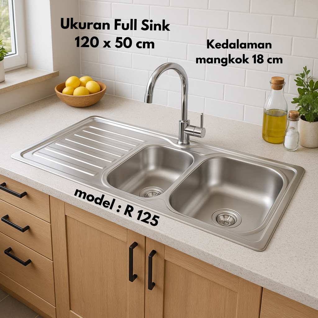 Premium Renox R 120 Kitchen Sink 2 Lubang Meja Samping Bak Cuci Piring 2 Lubang