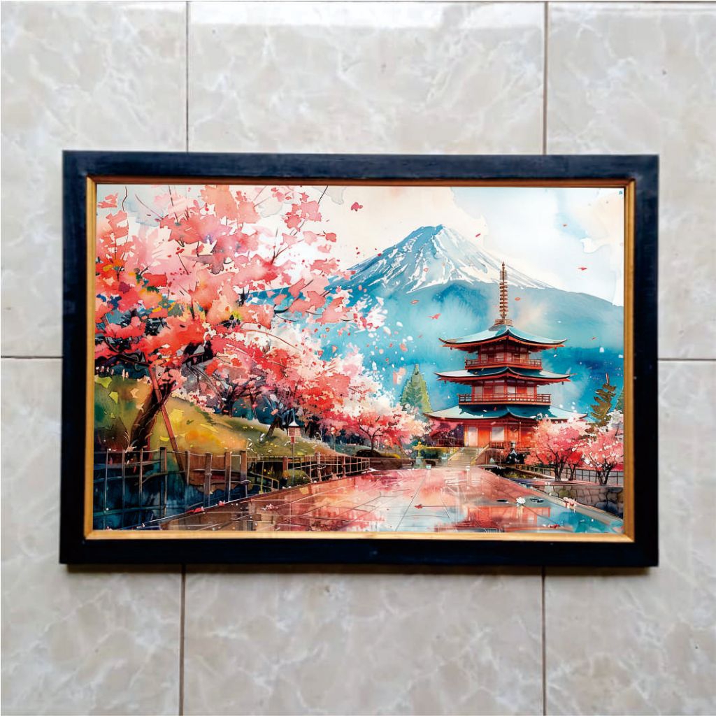 Hiasan dinding / Pajangan / Dekorasi ruangan cetak Gambar Bunga Sakura plus Bingkai uk 45*65 cm