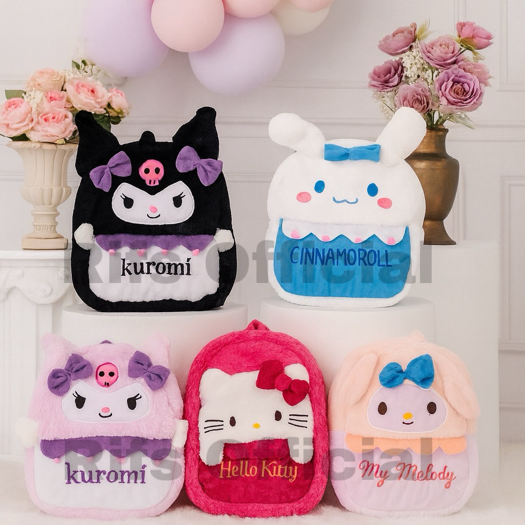 RIFS-Tas Ransel Premium Bulu Lembut Boneka Sanrio Kuromi Cinnamoroll My Melody Hello Kitty Gemoy Luc
