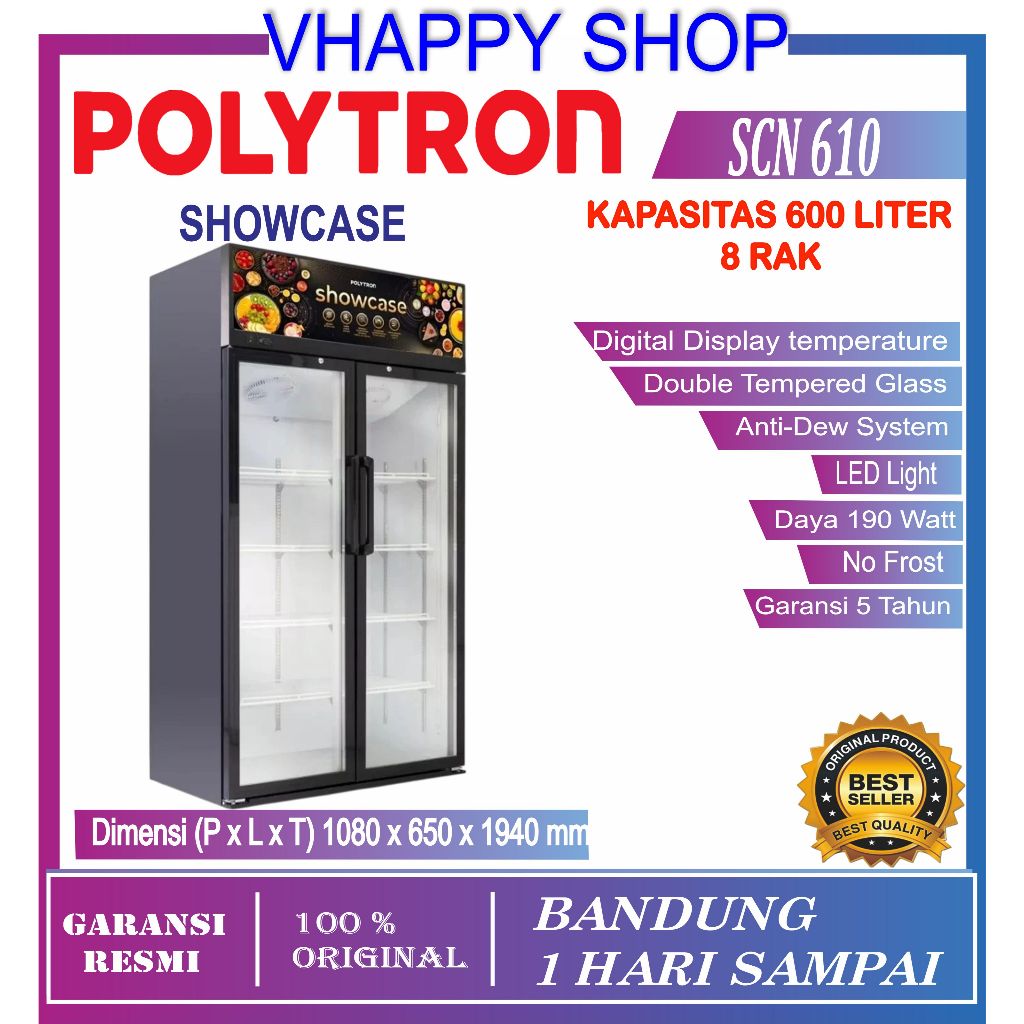 Showcase 2 Pintu Polytron 600 Liter SCN-610 Garansi Resmi