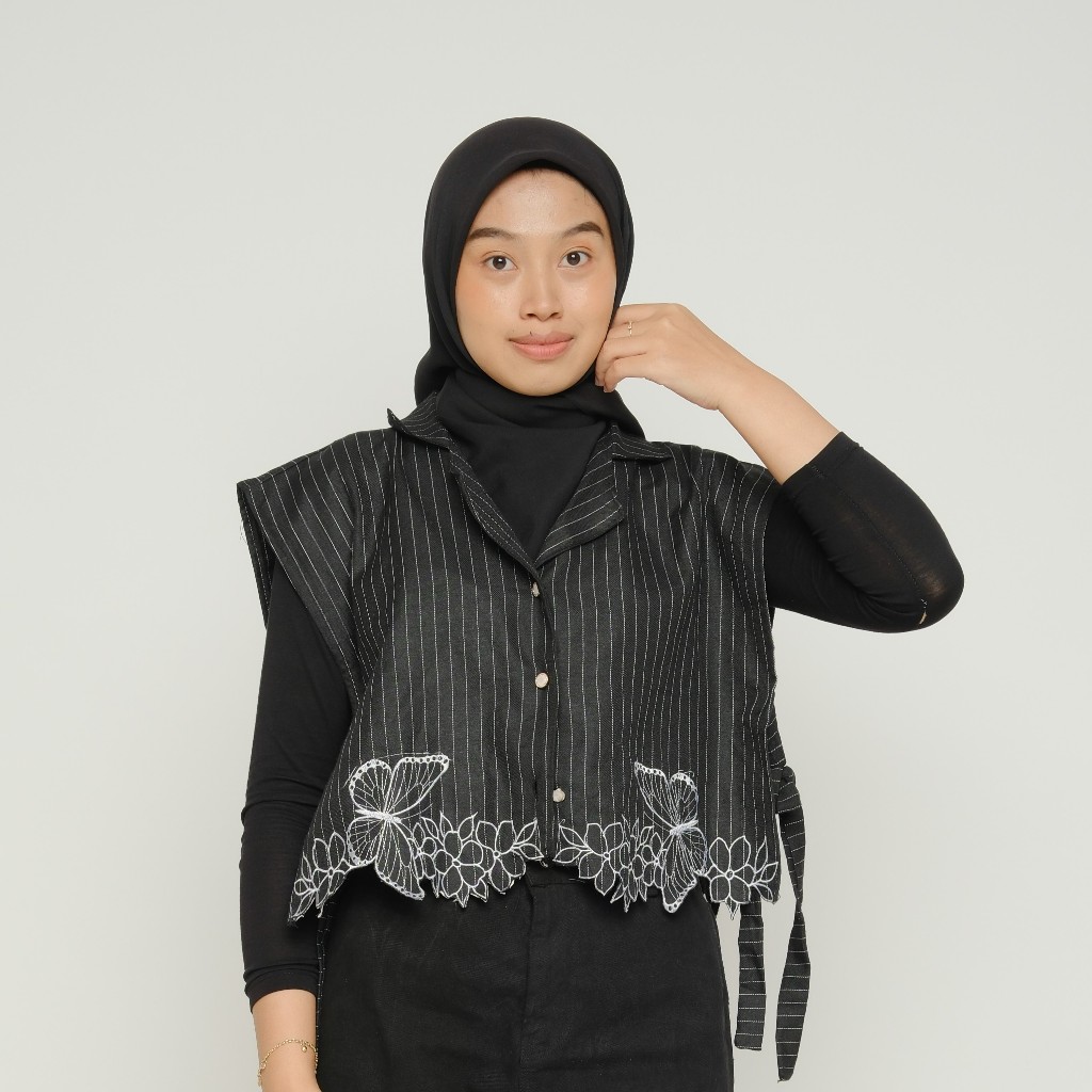 ATASAN WANITA MARIPOSA VEST STRIPE / VEST BORDIR SEMIWOLL TALI PINGGANG