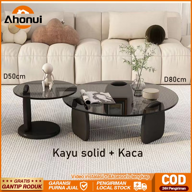 Meja Tamu 2in1 Minimalis Meja Kopi Kombinasi/Kaca Tempered+MDF Kayu Solid/ Meja Bulat sederhana Livi