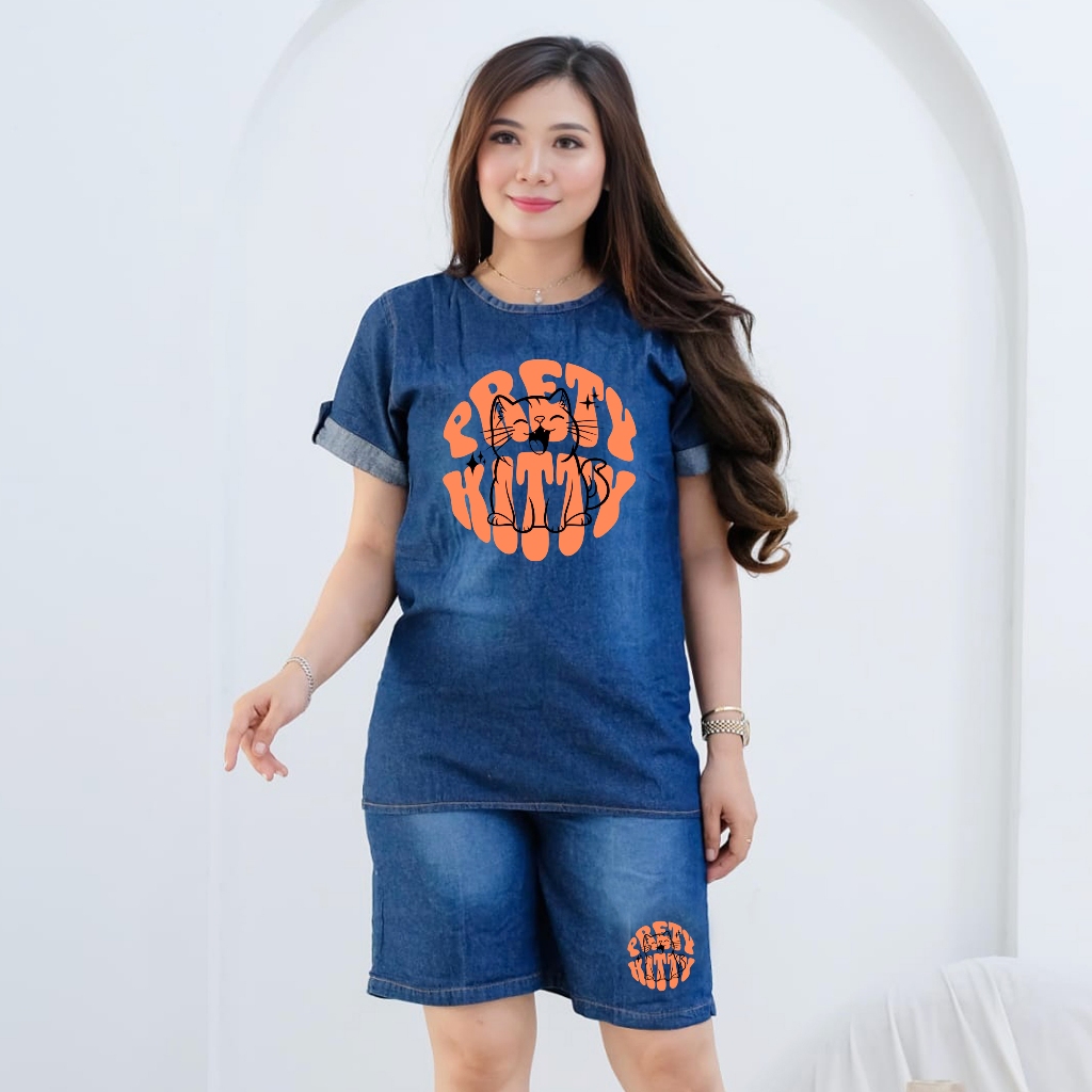 SAFINA - Panda Set Jeans Kekinian Setelan Jeans Wanita Home Set Jeans Wanita Setelan HP Jeans