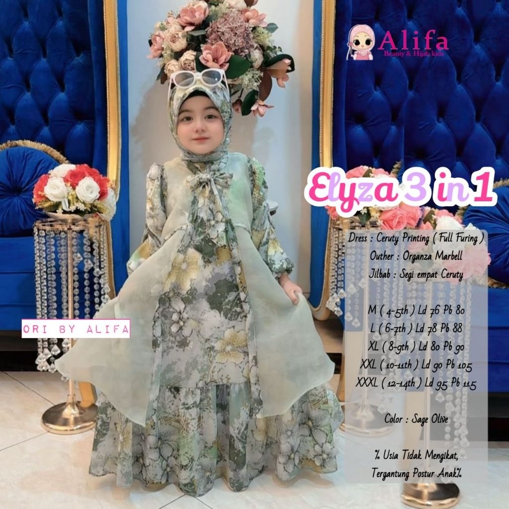 Gamis anak ELYZA 3IN1 bahan dress ceruty printing,outer organza marbel,jilbab segi empat ceruty