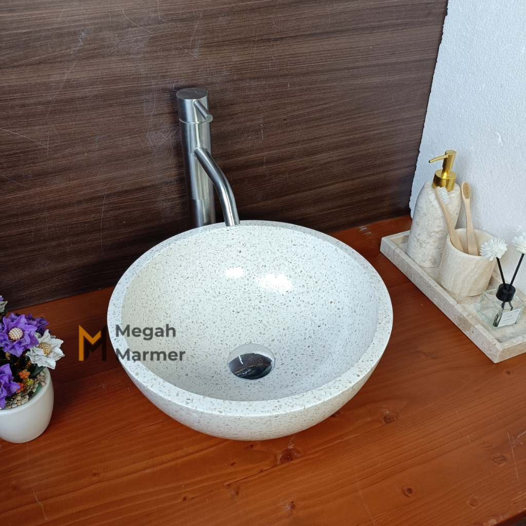 Wastafel Kamar Mandi Terazzo Baskom Putih Polos Elegan Ukuran 35cm Glossy Free Packing Peti Kayu