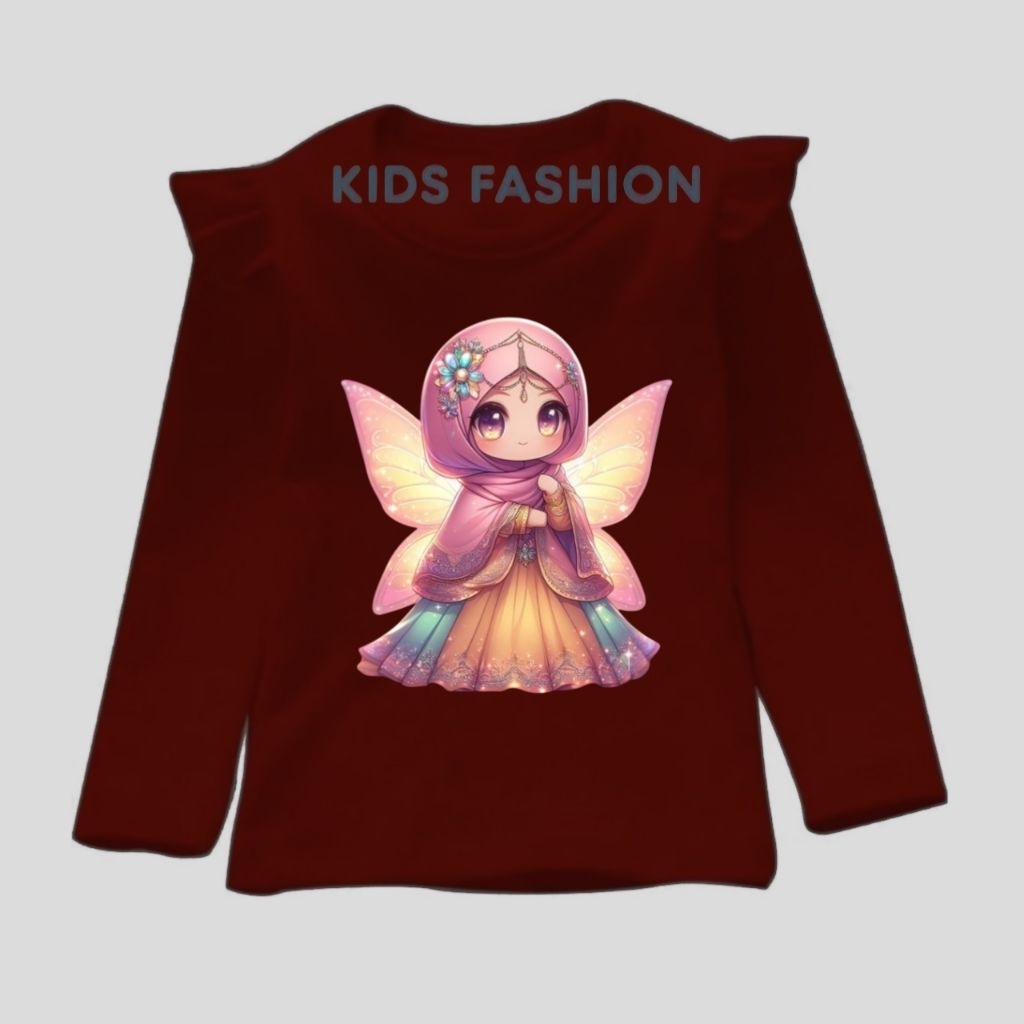 Baju gambar muslim Kaos anak perempuan lengan panjang jilbab bunga / GAMBAR TENGAH / SAYAP