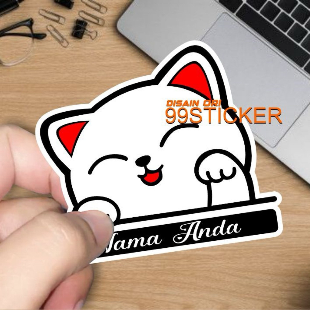 kucing, stiker tertur timbul, custum nama, stiker hp, leptop, motor, mobil, tab, gelas, motor, mobil