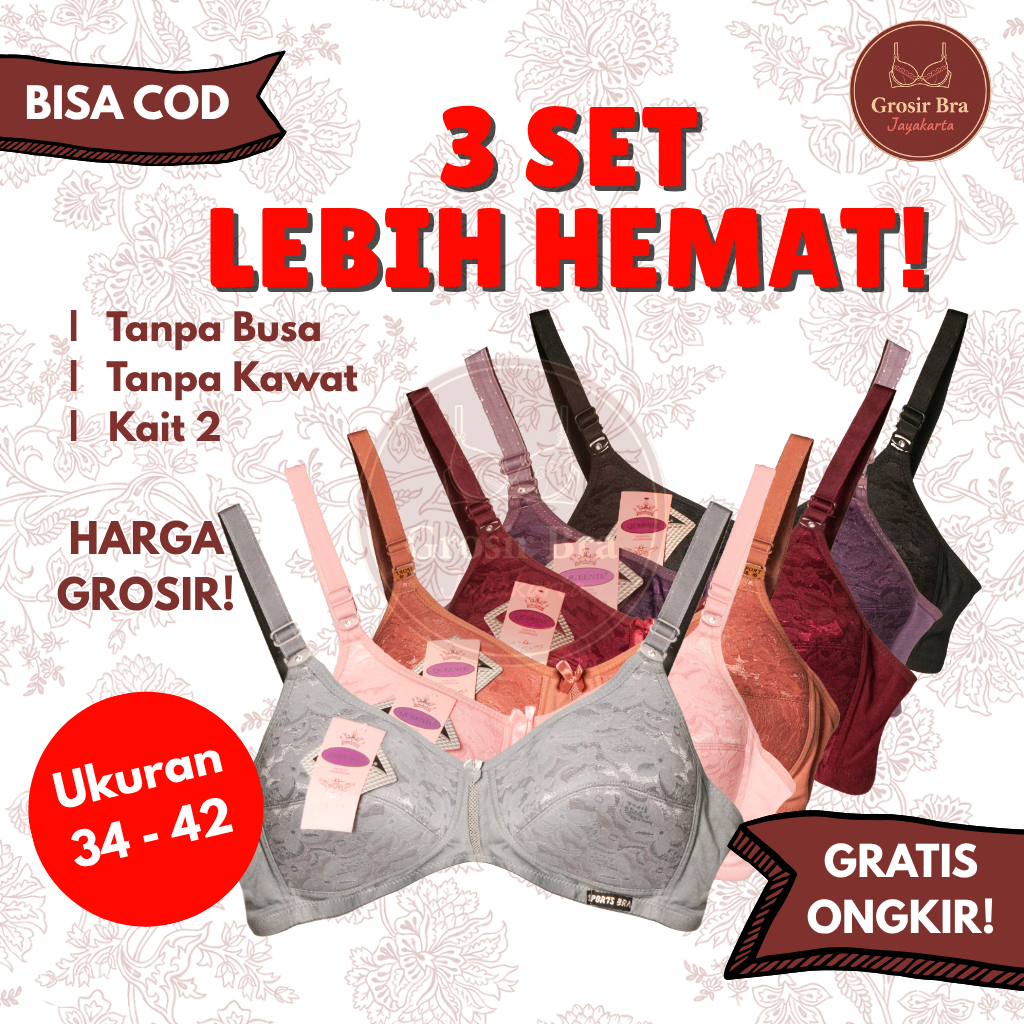 3 PCS QUEENIE JALA BRUKAT Sports BRA/BH Tanpa Kawat busa tipis Bh remaja orang tua dewasa