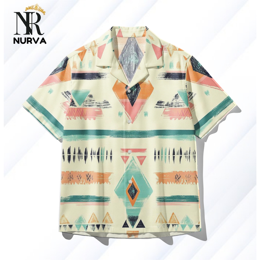 NURVA Kemeja Full Print Pria dan Wanita Motif Etnik Geometris Batik tenun Pastel – Kemeja Hawai Casu