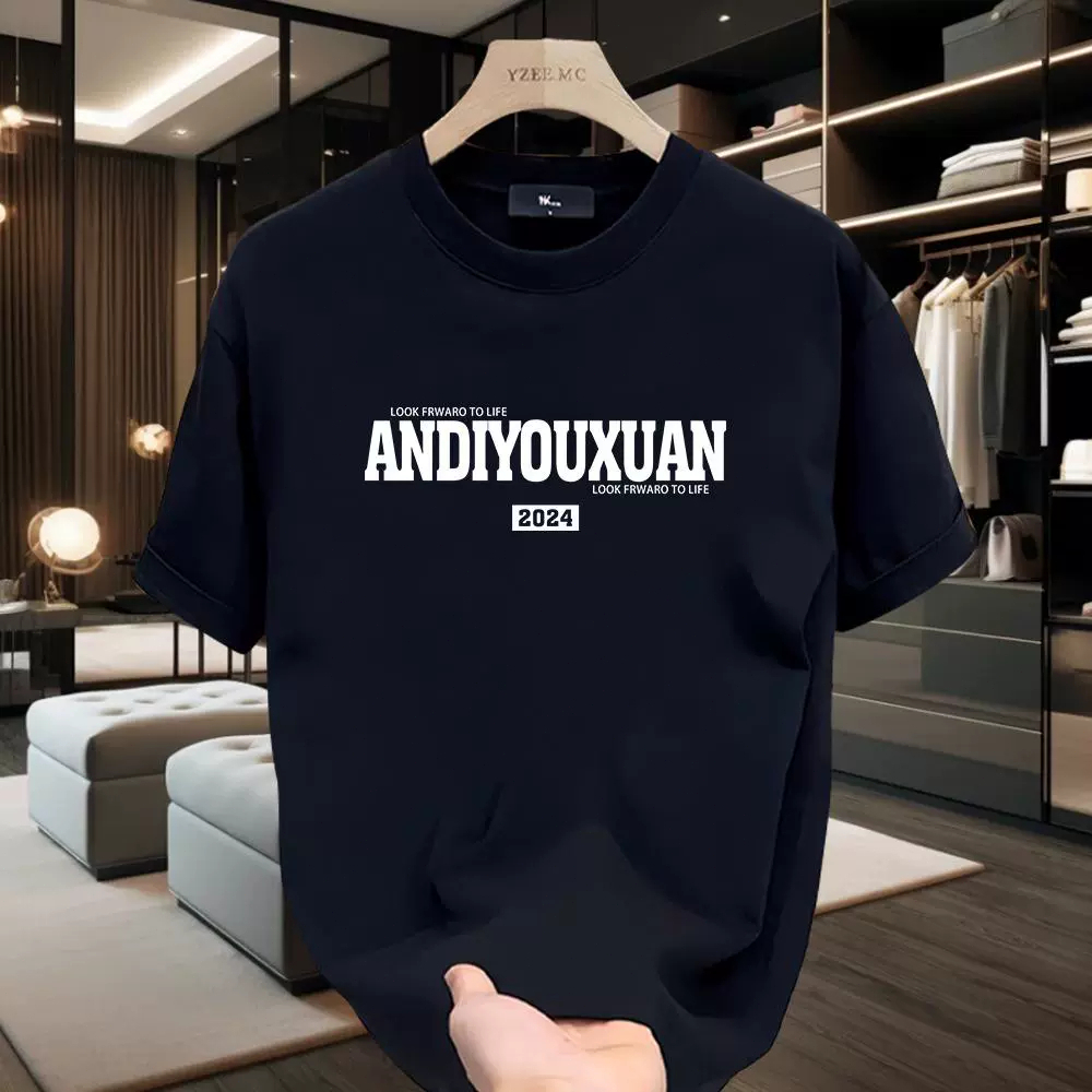 COD Kaos polos katun gaya retro Amerika pria, baju pendek bergambar tren, lebar kerah bundar gaya ke