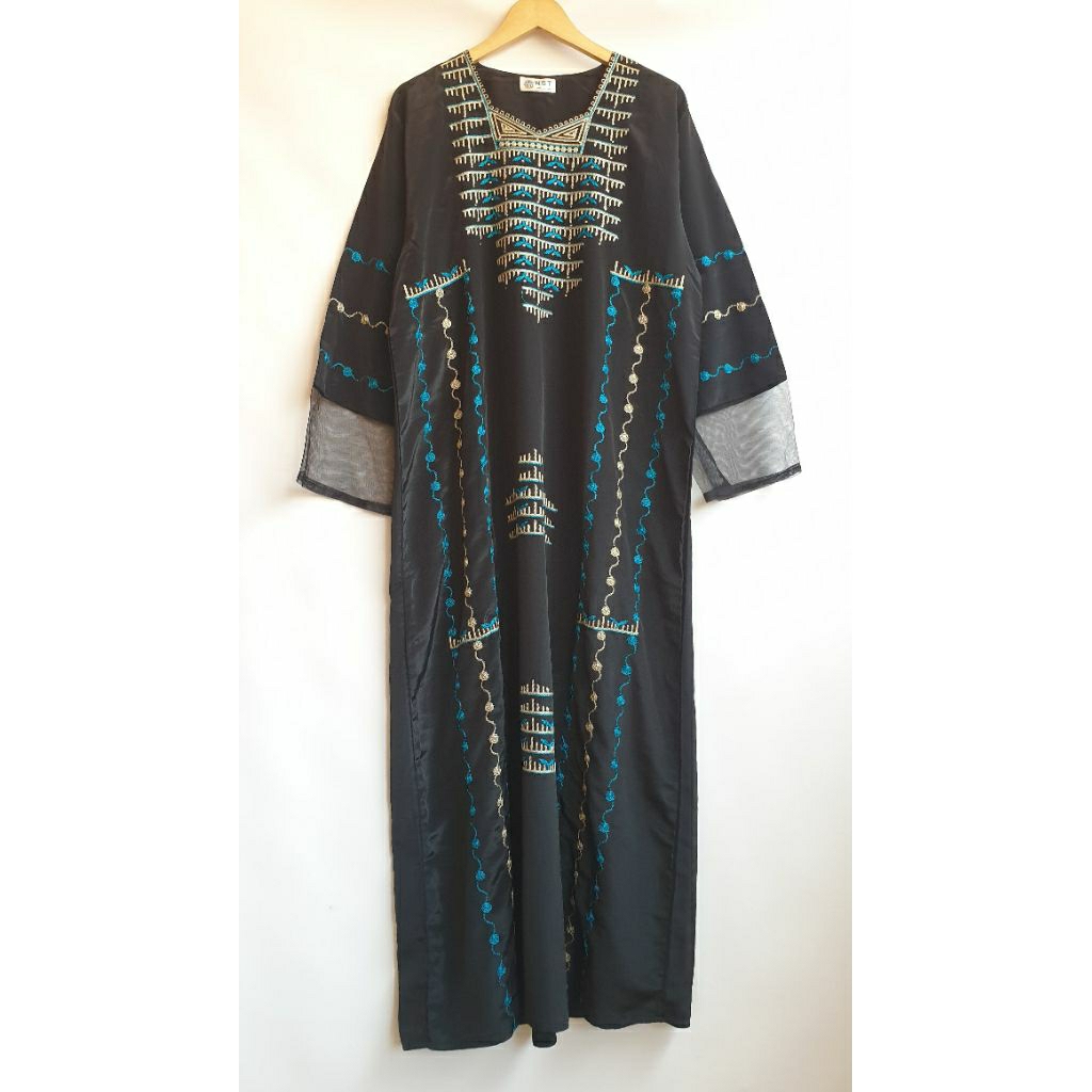 Abaya Suriah Abaya Kaftan Hitam Bordir Geometris Eksklusif Tosca Gold Long Dress Dubai Lengan Tulle 