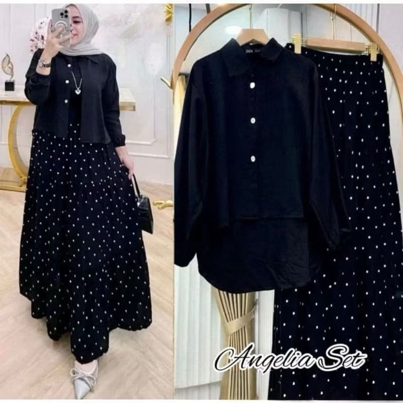 Set Rok Motif Polkadot Rayon Crinkle Kombinasi Polos untuk Muslimah