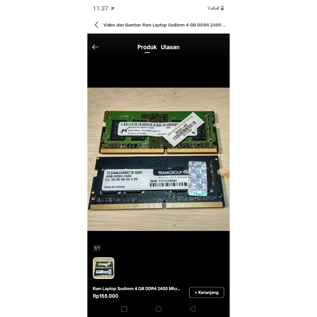 RAM Laptop Sodimm 4 GB DDR4 PC2400 Mhz Bekas Normal