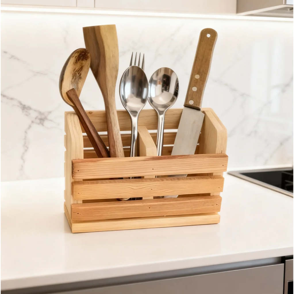 Tempat Sendok Garpu Kayu Aesthetic Kotak Organizer Sendok Serbaguna Tempat Pensil Kayu 2 Sekat