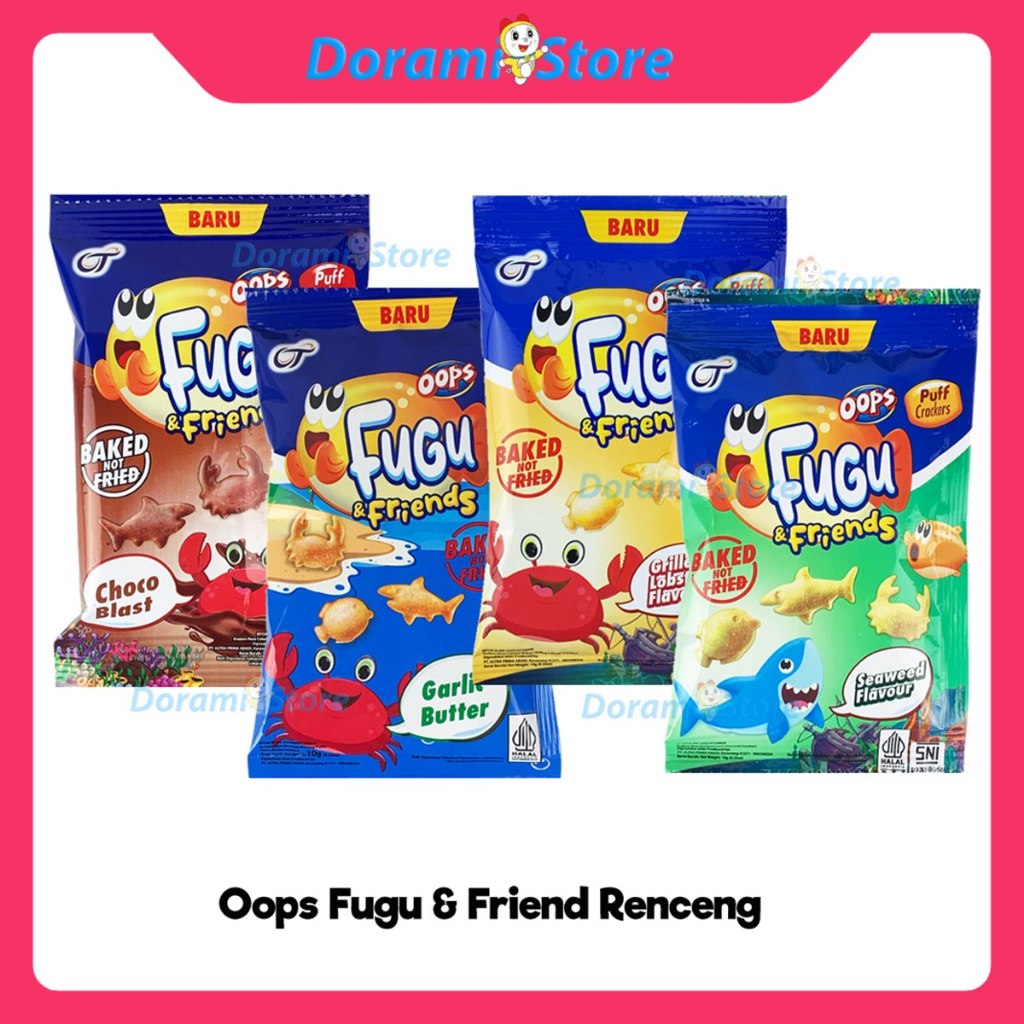 Oops Fugu & Friends Puff Crackers Renceng Isi 10 sachet / Cemilan Crackers Gurih