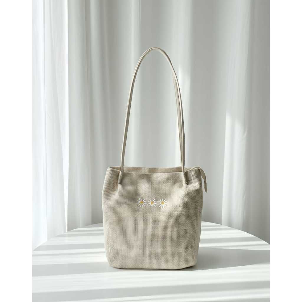 ​Tote Bag Wanita Aesthetic Polos Korean Style Motif Bunga Daisy - Tas Bahu Kain Waffle Resleting Cre