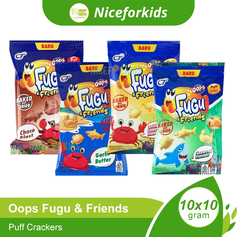Oops Fugu & Friends Puff Crackers Renceng Isi 10 sachet / Cemilan Ringan Gurih