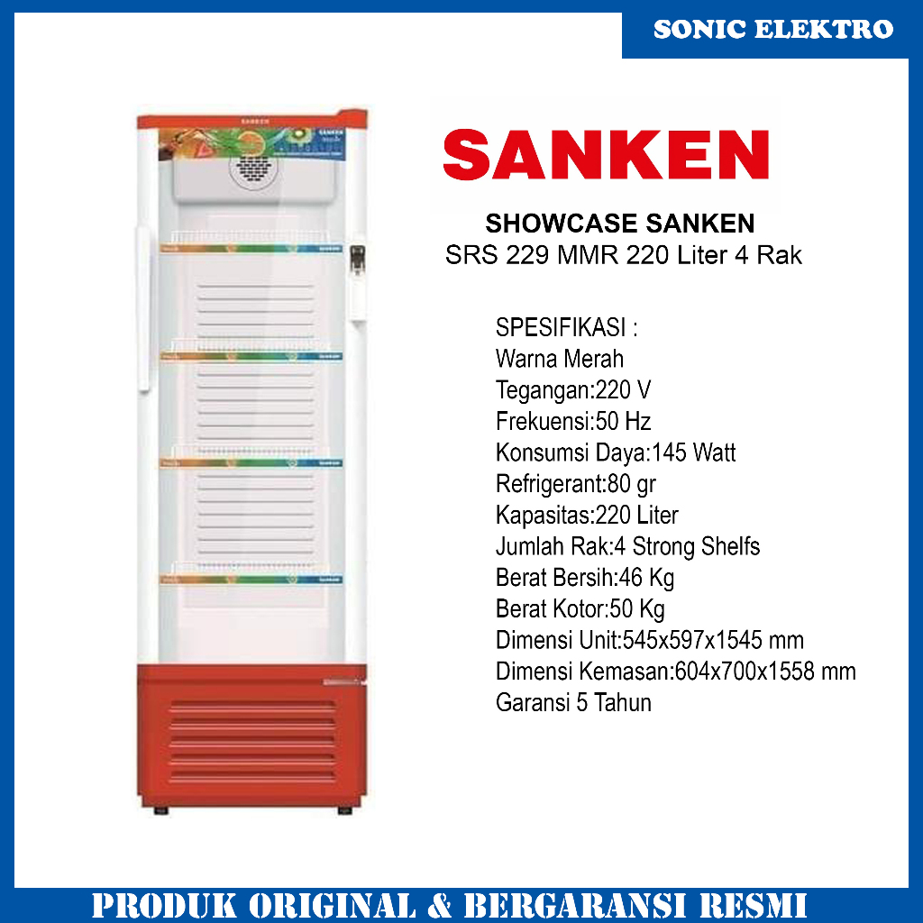 SHOWCASE SANKEN 4 RAK 220 Liter SRS-229 MMR Garansi Resmi 5 Tahun