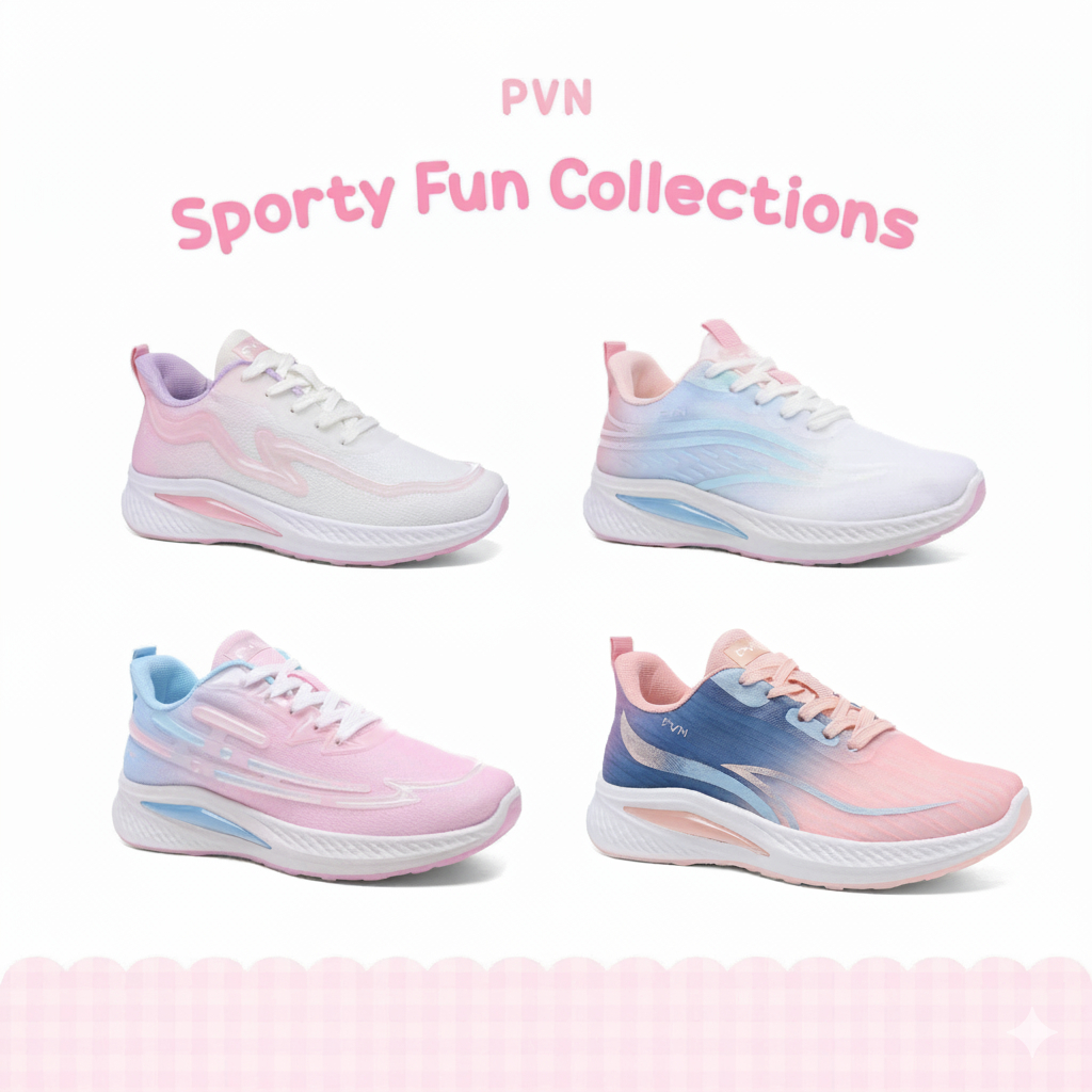 PVN Sporty Fun Collection Sneakers Sepatu Wanita Pink Biru Abu Putih