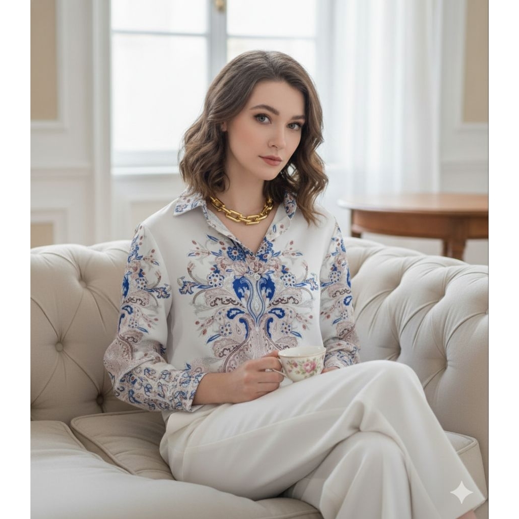 Kemeja Silk Satin Premium Motif Eksklusif Paisley Biru  / Kemeja wanita​ terpopuler / Baju kemeja wa