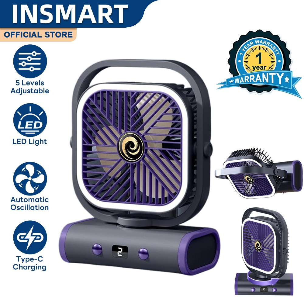 INSMART Kipas Layar Digital Portabel, Kipas Mini Osilasi Isi Ulang USB Dengan LED