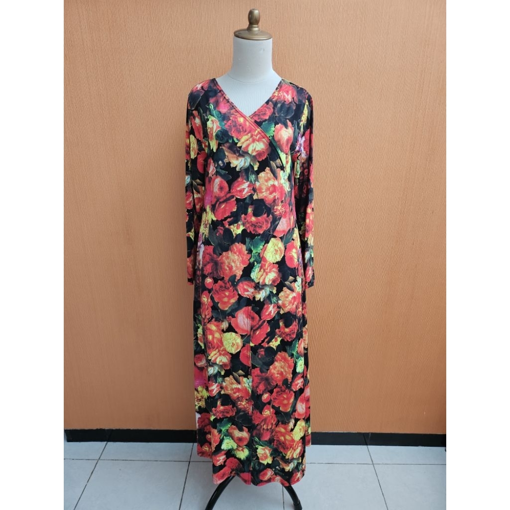 maxi long dress wanita hitam motif bunga merah kuning M cewek lenganpanjang gamis