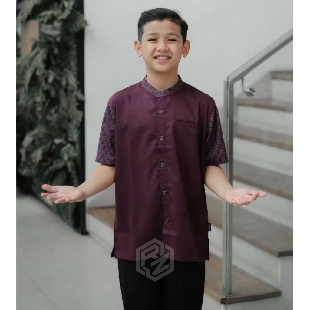 Baju Koko Anak Kurta Polos Motif Batik Warna Burgundy Bahan Katun Toyobo Terbaru