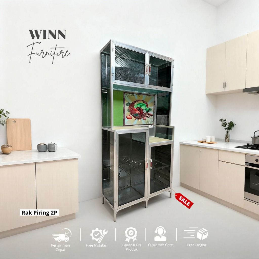 Rak Piring Aluminium 2 Pintu Full Kaca Riben | Winn Furniture