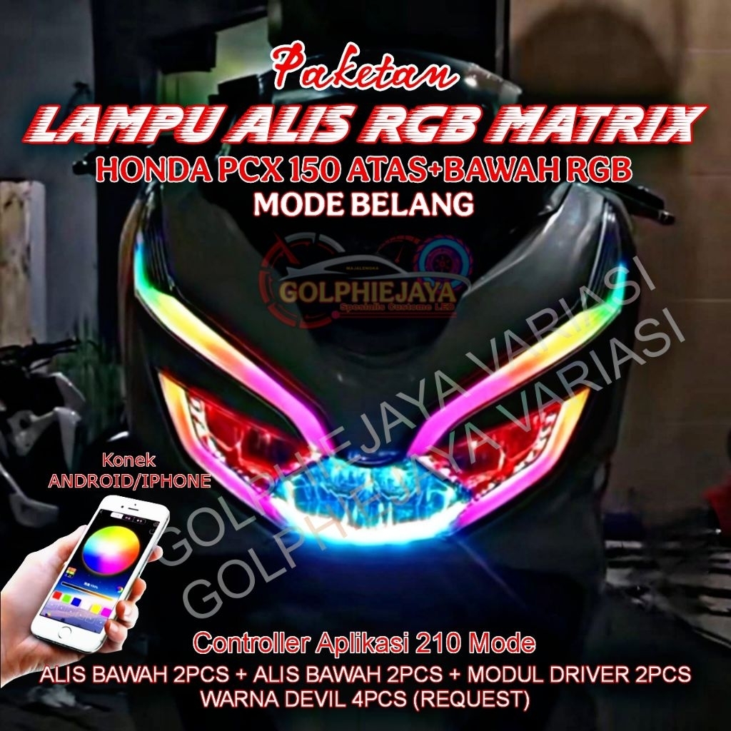 Paketan Lampu Alis Bluetooth RGB PCX 150 Atas plus Bawah Lampu Alis Running Rgb Pcx 150 free devil