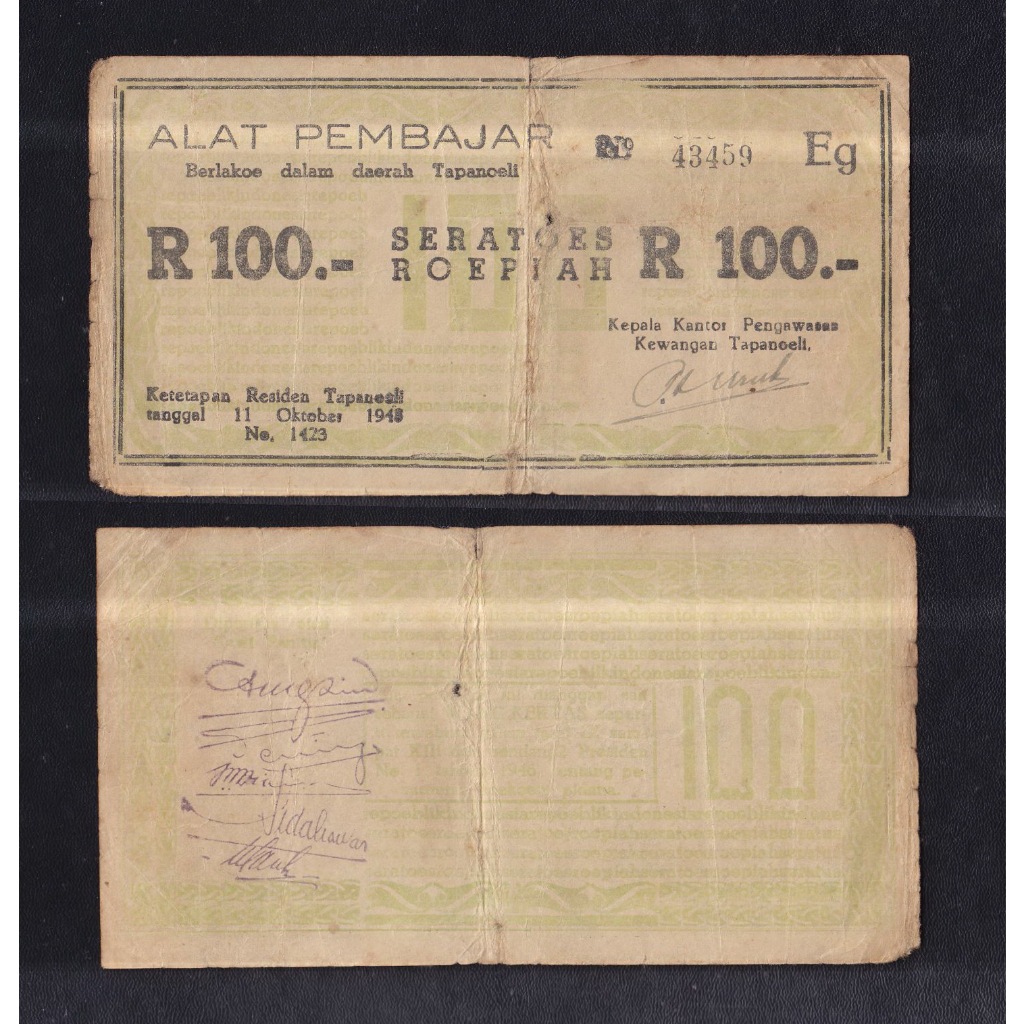 Uang kuno Orida Tapanuli 100 Rupiah tahun 1948 Emisi 11 Oktober 1948 S/N 43459 Eg