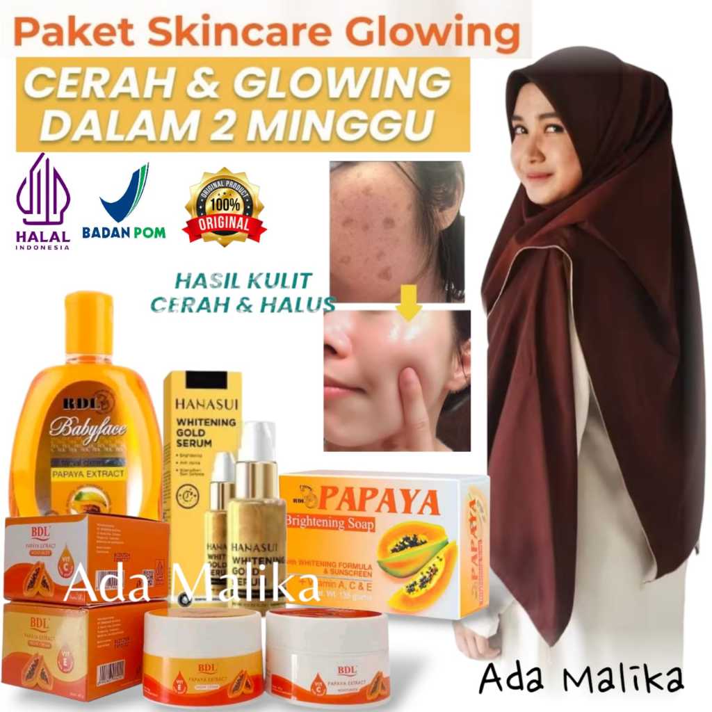 Paket Glowing 5in1 BDL Moisturizer Cream 48gr Papaya With UV Protect Pelembab Wajah Whitening Sabun 