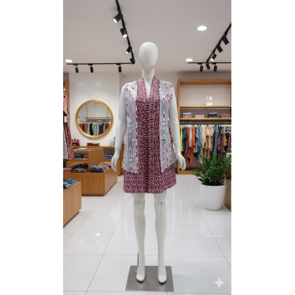 BATIK OUTER WANITA PANJANG TANPA LENGAN (VEST) TANPA KANCING - WARNA MERAH