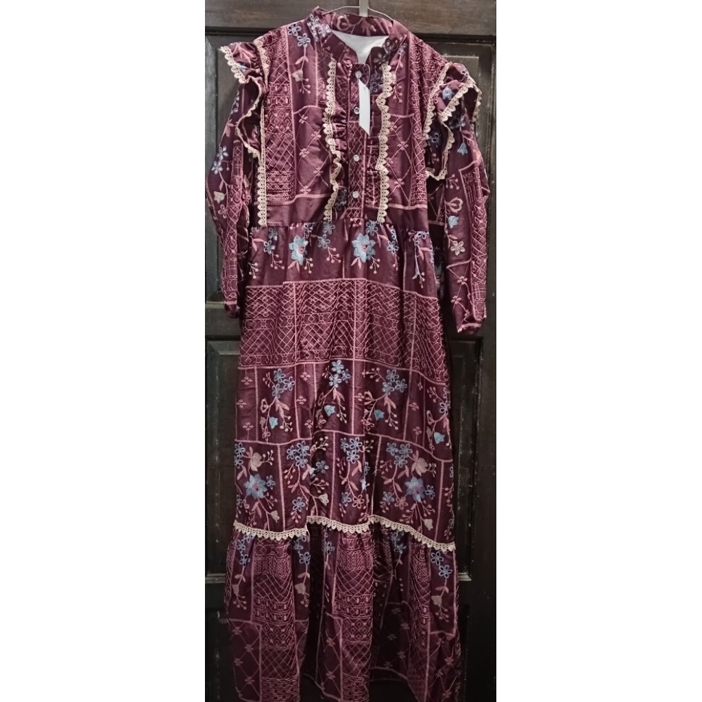 gamis midi katbol katbor mewah premium puring katun bolong katun bordir coklat putih