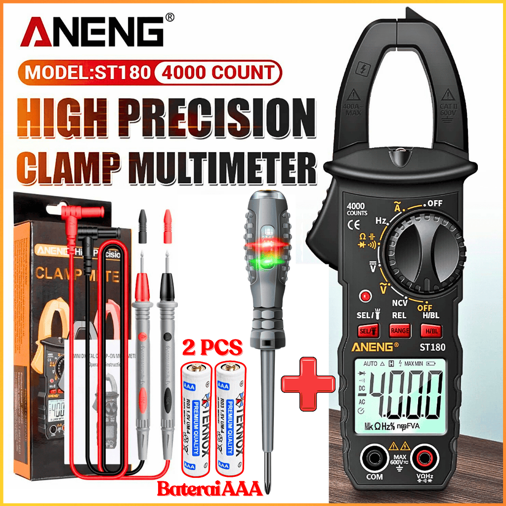 COD ANENG ST180 Tang Ampere AC/DC Digital Clamp Meter + Obeng Tespen Multifungsi + 2Pcs Baterai AAA