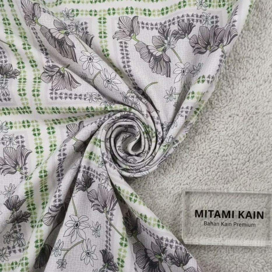 Kain Wolfis / Woolpeach Motif Bunga Kotak Abstrak Hijau Ungu Putih Premium (Harga Per 0,5)3R