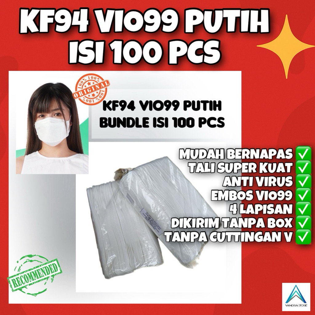 Masker KF94 VIO99 Putih Isi 100 PCS | Premium Tanpa Cutingan V | Tali Kuat & Nyaman | Harga Terjangk
