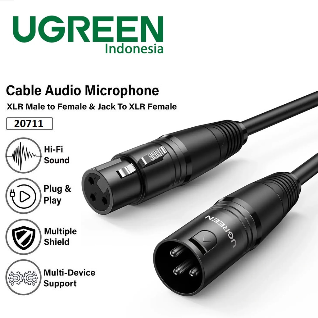UGREEN Kabel Audio XLR Male ke Female Kabel Mic Profesional Hitam Original