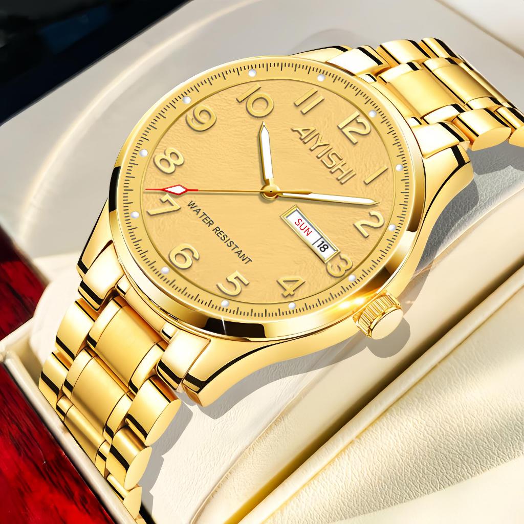 AIYISHI COD Jam Tangan Pria Emas Tahan Air Asli dengan Dial Berlian Jam Tangan Mewah Tahan Air Fungs