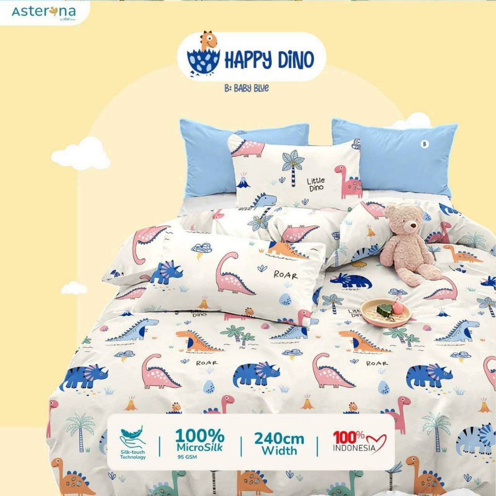 Sprei Karakter Anak Happy Dino Putih Sarung Bantal Guling Ukuran Lengkap Kain Karet