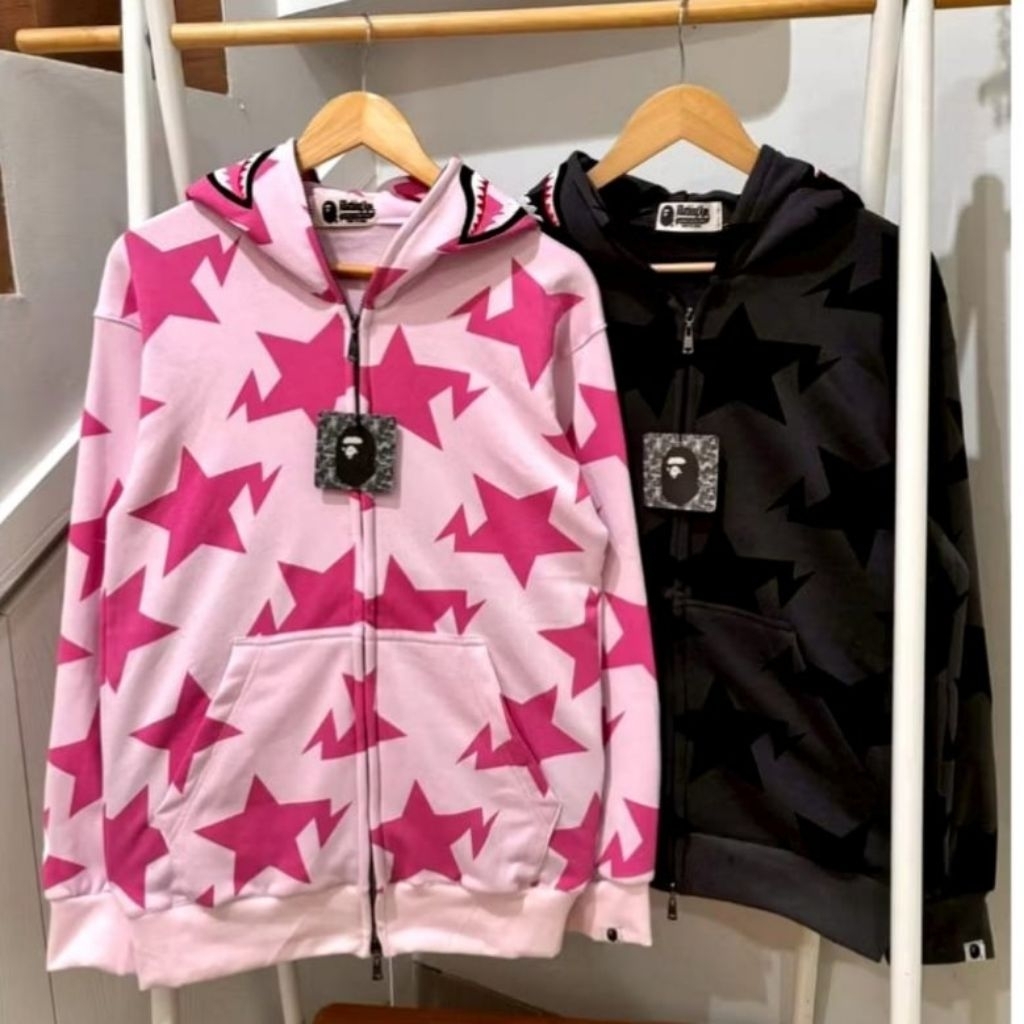 Hoodie Fullzip Bape Shark Stars Cewek Cowok – Motif Bintang Pink Streetwear Keren