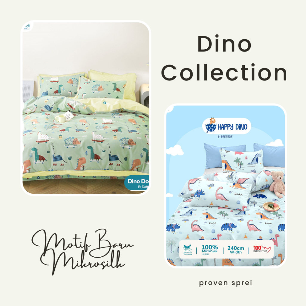 Sprei Mikro Silk Star Motif Dinosaurus - Happy Dino Biru Putih - Dino Doodles Hijau Krem