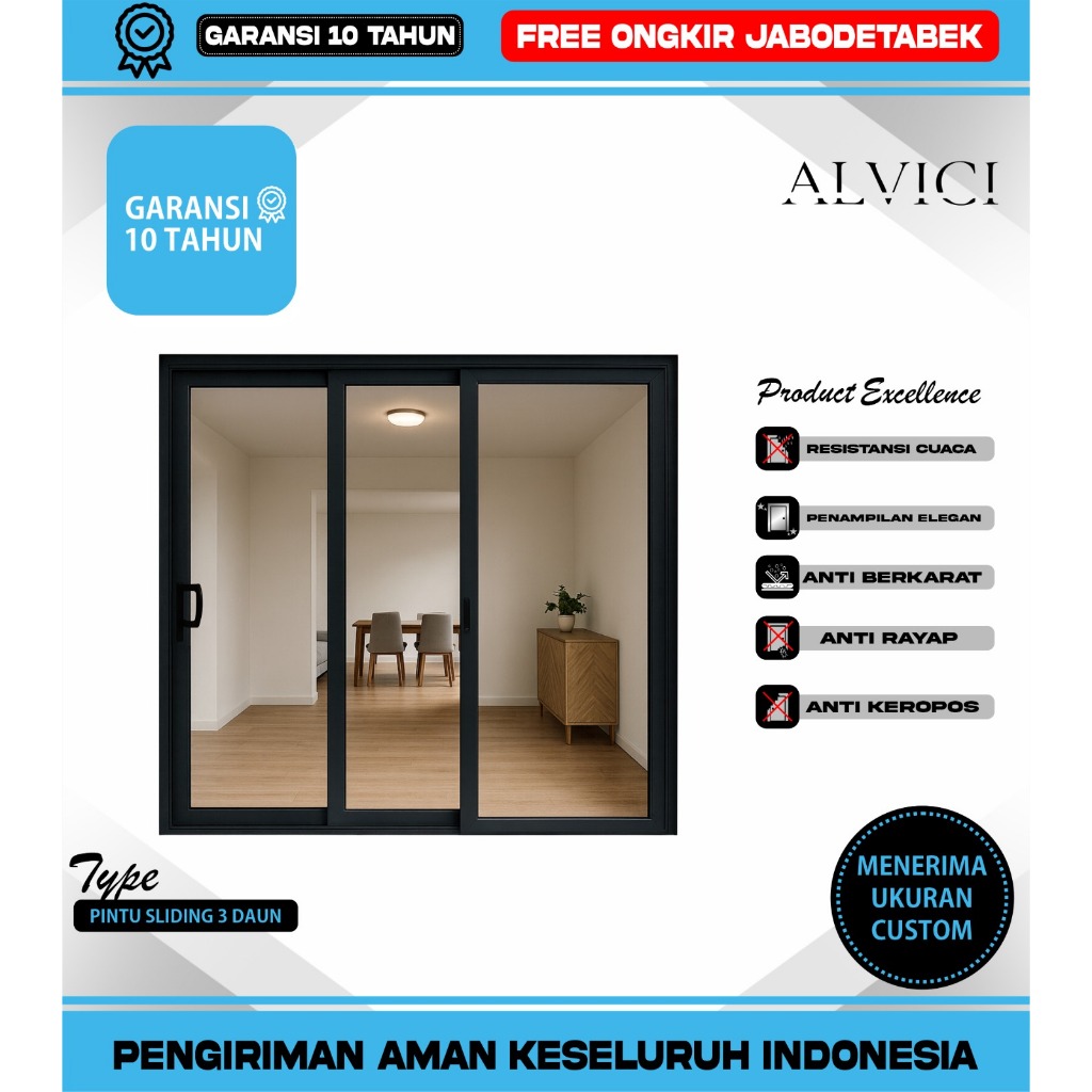 Pintu Sliding 3 Daun UPVC Hitam ALVICI