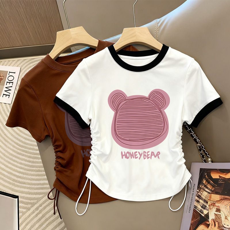 Forte Baju Crop Wanita Avatar beruang kecil berwarna merah muda Print Fuschia Drawstring Baju Atasan