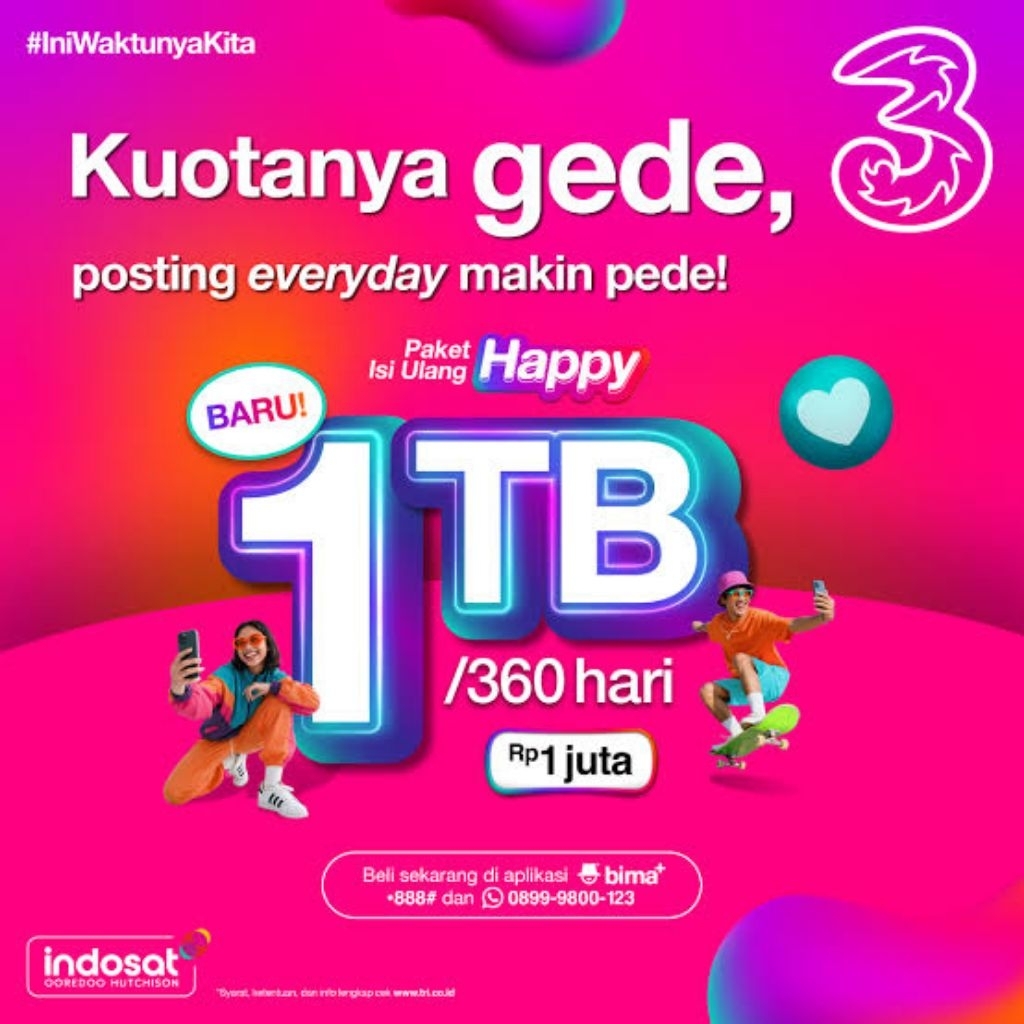 Kuota Tri Aon 1 Tahun 360Hari Full 24Jam Reguler 100GB 500GB 250GB 150GB 75GB 55GB