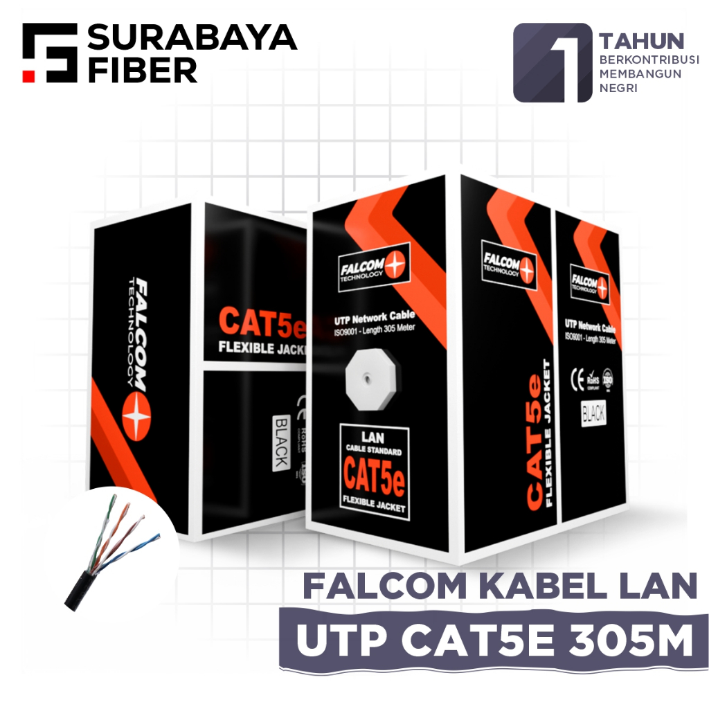 Kabel LAN Indoor UTP CAT5E Black 305M Falcom - Kabel Ethernet / Kabel Wifi 8 Pin Support Gigabit